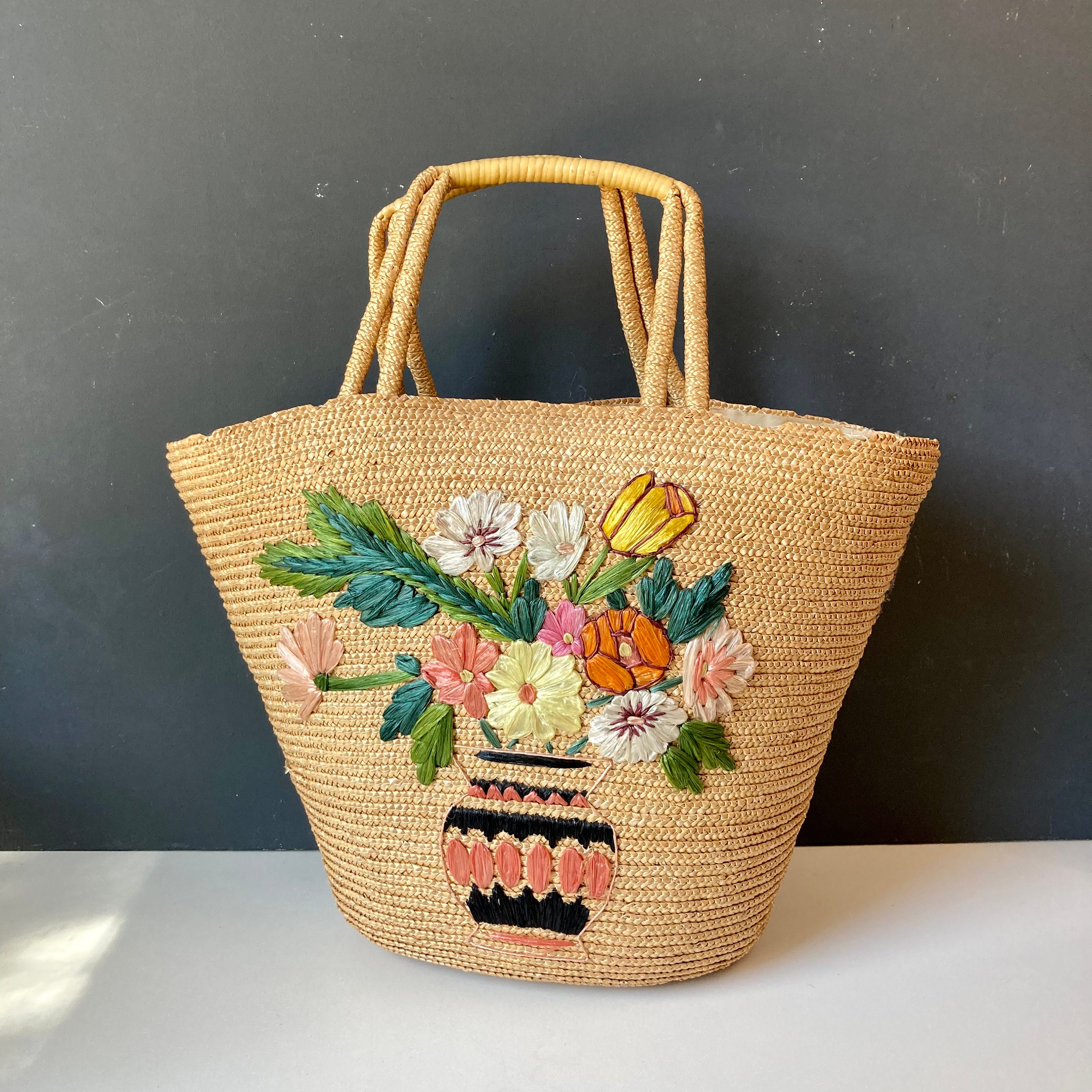 Corn husk purse, Raffia bag, Floral embroidered, Lined Woven Shoulder