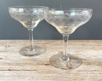 1950s Champagne Glasses -  Set of 2 - Etched Champagne Glasses