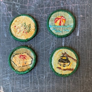 Puede incluir: Cuatro parches bordados con bordes verdes. Los parches muestran una pelota roja y amarilla en el agua, una caja marr&oacute;n con una cinta roja, una olla marr&oacute;n con una tapa amarilla y una planta verde con bayas rojas.