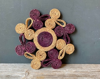 Spiral Raffia Trivet - Wall Decor - Burgundy and Wheat