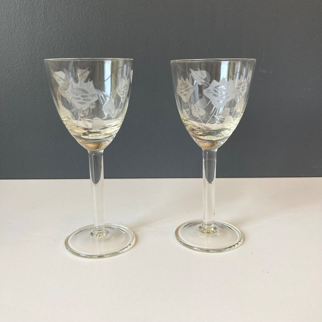 1950s Etched Cordial Glasses Set of 2 Footed Cordial Glasses Etsy