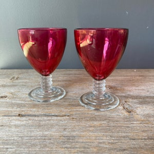 1950s Footed Cordial Glasses -  Set of 2 - Rose Red Glass