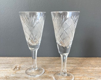 Vintage Cordial Glasses - Art Deco Etched Cordial Glasses Set of 2  - Footed Cordial Glasses