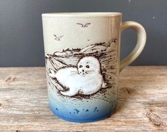 Vintage Seal Pup Mug Seagulls and Beach - Made in Japan -