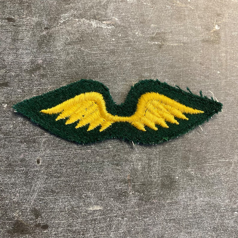 May include: A green fabric patch with yellow embroidered wings. The patch is slightly frayed around the edges.