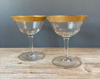 1940s Champagne Glasses - Art Deco Edge Champagne Coupes Set of 2 - Gold Rim Champagne Cocktail Glasses