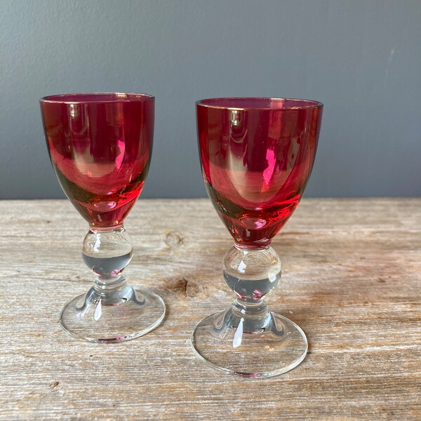 1950s Footed Cordial Glasses -  Set of 2 - Rose Red Glass