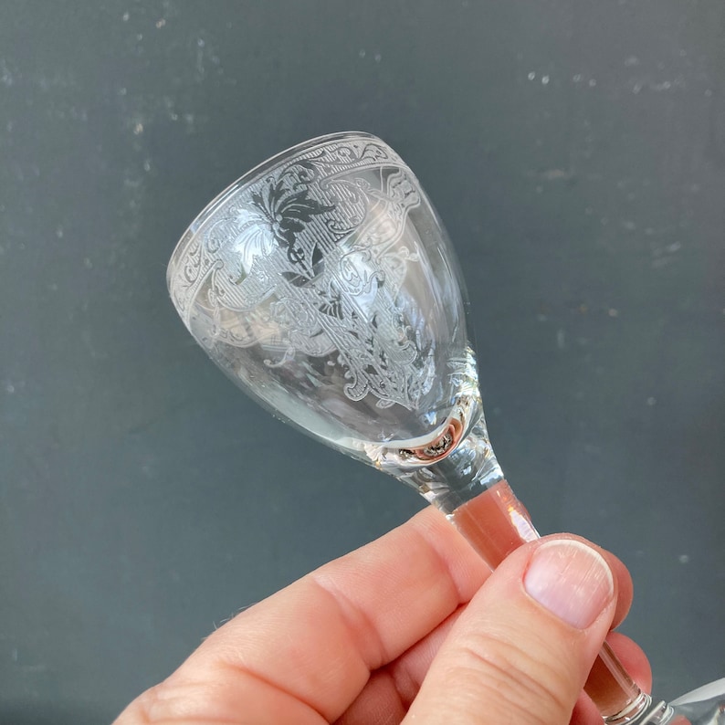 2 Etched Victorian Style Cordial Glasses Etsy