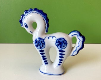 Vintage Gzhel Porcelain Horse Figurine from USSR Blue and White Decor