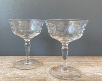 2 Etched Leaves and Vines Champagne Coupes - 1950s Champagne Glasses