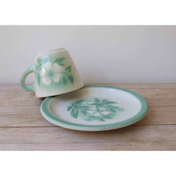 Sea Foam Green Flowers Cup and Small Plate Set - Syracuse China - Heavy Restaurant China