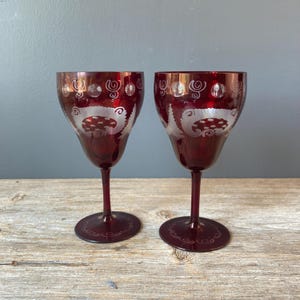 Wine Glasses Bohemian Crystal Egermann Ruby Red Stained Cut To Clear Etched Stag Pine Trees Church Christmas Holiday Table Set Set of 2
