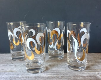 Mid Century Gold and White 1950’s Wave Glasses - Highball Glasses - Gold Glasses