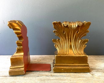 2 Vintage Gilt Plaster Acanthus Leaf Bookends