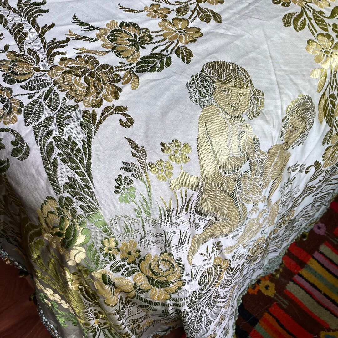 Vintage Brocade Bedspread Cherubs in Green Burnt Out Etsy