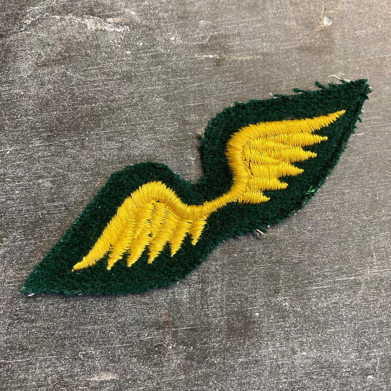 May include: A green felt patch with a gold embroidered wing design. The patch is slightly frayed around the edges.
