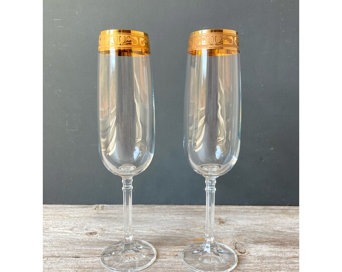 1940s Champagne Glasses Art Deco Edge Champagne Flutes Set of 2 Gold