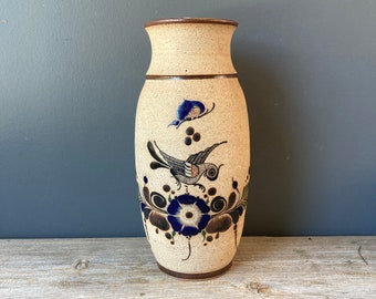 メキシコ陶器の花瓶、鳩、蝶、手描き、メキシコ、サイン入り