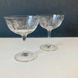2 Etched Bamboo Champagne Coupes - 1950s Champagne Glasses