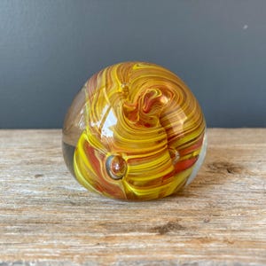 Art Glass Orbs - Vintage Glass Paperweight with Orange White and Yellow Swirls and Controlled Bubbles