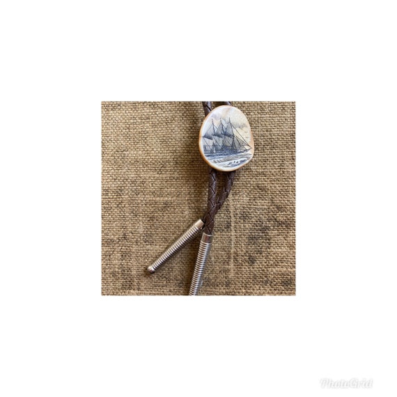 Vintage Scrimshaw Bolo Tie - Tall Ship Bolo Tie