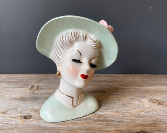 Irving Rice Co Lady Head Vase - White Lady Head in Jade Green Dress - Applied Rose