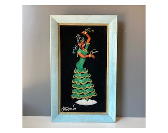 Peinture en velours vintage signée des années 1960 - Peinture en velours du Mexique d'une danseuse de flamenco