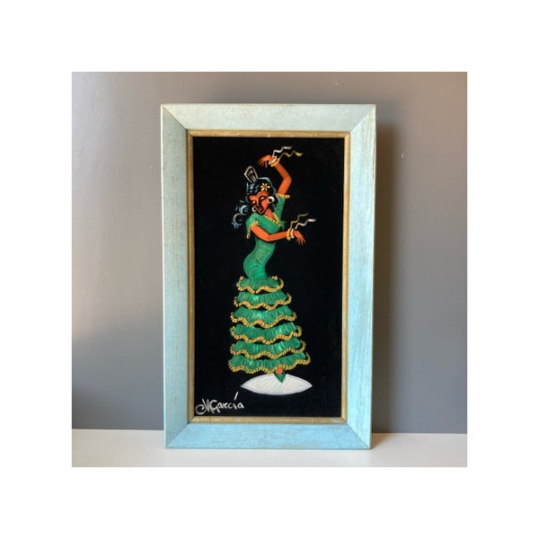 Peinture en velours vintage signée des années 1960 - Peinture en velours du Mexique d'une danseuse de flamenco