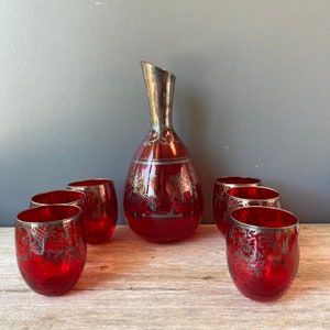 Bohemian Cordial Set - Red Murano Glass and Silver - Vintage Cordial Glasses