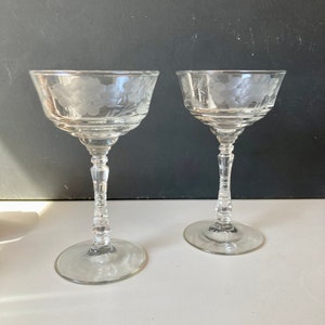 1950s Crystal Etched Vines and Flowers Champagne Glasses - Champagne Coupes - Set of 2 -