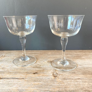 2 Etched Starburst Champagne Coupes - 1950s Champagne Glasses