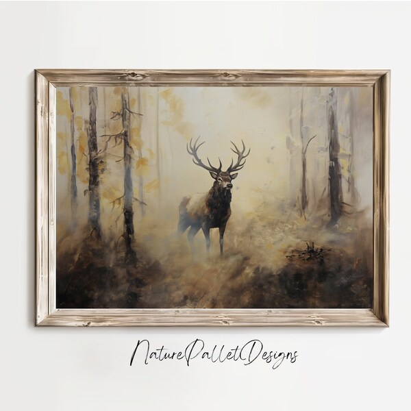Digital oilpainting, stag in the fog, wildlife painting, wildlife, deer, art print, wall art, printable art, art gift, printbale download