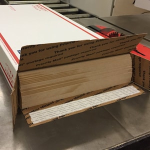 May include: A brown cardboard box with a white label that says "Priority Mail" and "Thank you for using Priority Mail" repeated multiple times. The box is open and the inside is empty.