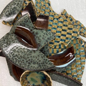 Small box of handmade tile shards - mostly stoneware, some porcelain