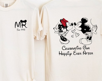 Comfort Colors Celebrating Our Happy Ever After Shirt, Just Married Gift, Mrs And Mr T-Shirt, Mickey Minnie Couple Sweatshirt, Honeymoon Tee