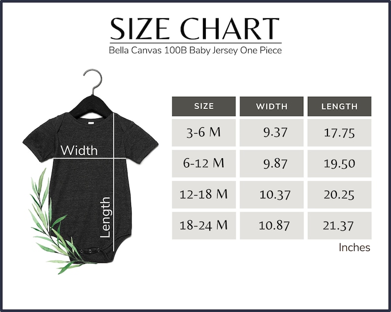 May include: A size chart for a Bella Canvas 100B baby jersey one-piece. The chart displays sizes 3-6M, 6-12M, 12-18M, and 18-24M, with corresponding width and length measurements in inches. The baby onesie is dark gray.