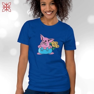 Tender Pig Yellow Roses Unisex T-Shirt, Cute Piggy Cartoon Character illustration Tee, Pig Lovers Tshirt, Valentine Top, Romantic Gift Idea