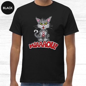 Camiseta masculina de personagem de desenho animado de gato engraçado, camiseta de ilustração de design CatZilla, arte de mosquito, camiseta de gato fofa, camisa de pai de gato, presente para amantes de gatos
