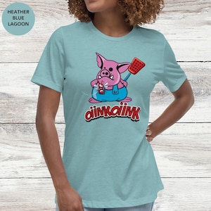 Funny Cartoon Pig Character Women Tshirt, Cute Piggy Design Illustration Tee, Humorous Mosquito Artwork T Shirt, Playful Gift for Her