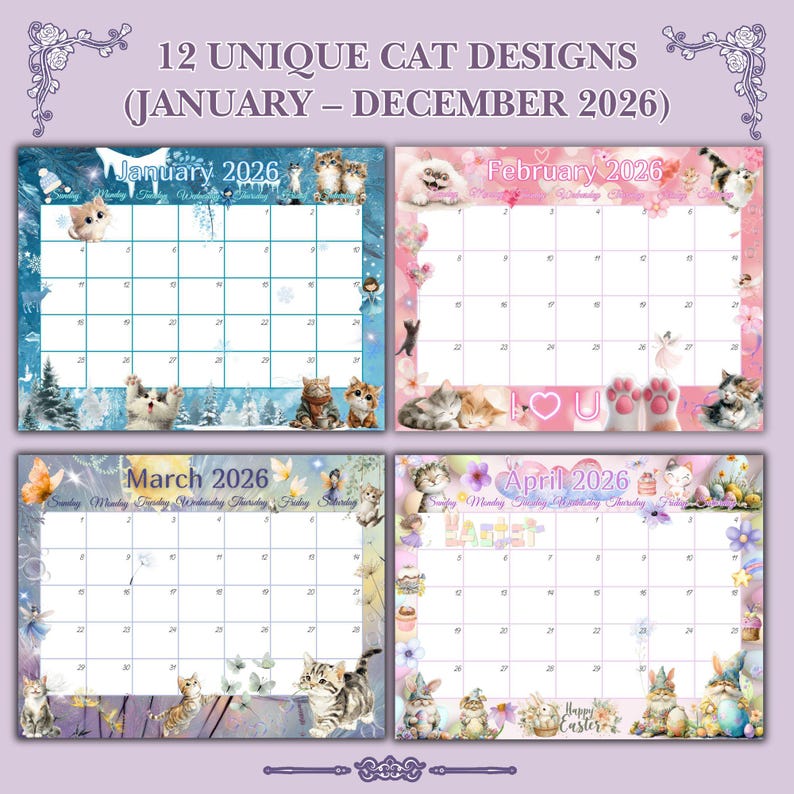 Calendario imprimible de gatos 2026 / Calendario de pared con temática ...