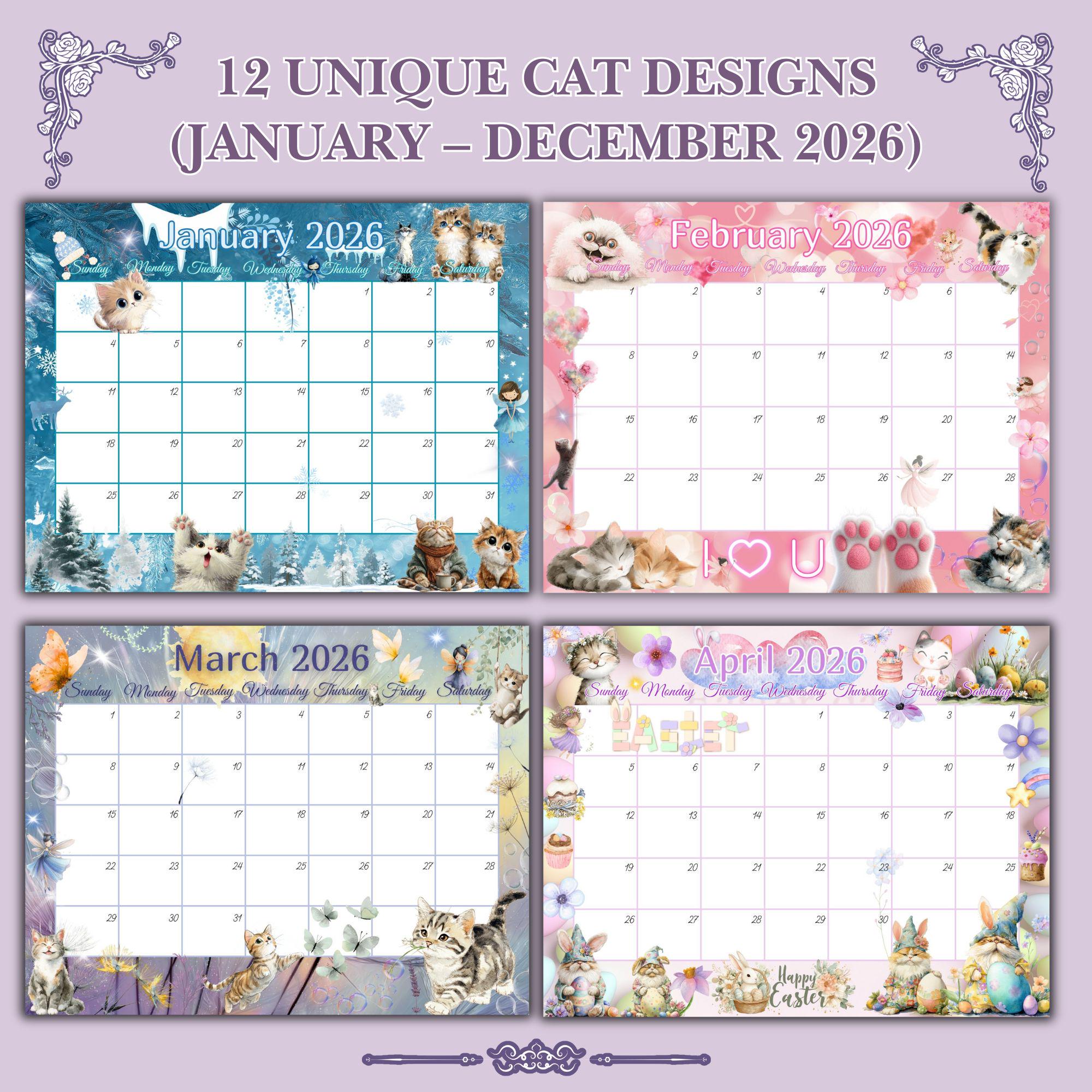 Printable 2026 Cats Calendar | Cute Cat Themed Wall Calendar | A4 & US ...