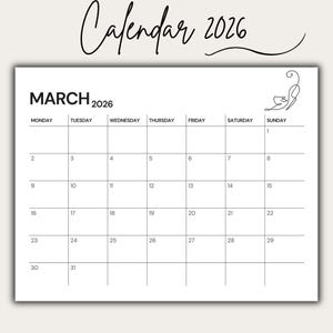 May include: A minimalist March 2026 calendar in black and white. The word "Calendar 2026" is written in cursive at the top. The calendar grid is simple, with dates and days of the week clearly labeled. A small cat illustration is in the upper right corner.