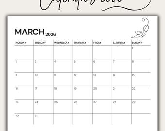 Minimalist 2026 Calendar | Monday Start | Printable PDF & JPG (A3, A4, US Letter) | Digital Download