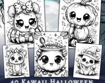May include: A collection of black and white kawaii Halloween-themed colouring pages. The illustrations feature a spider, pumpkin, cat, cauldron, and bear. The text at the bottom reads "40 Kawaii Halloween Coloring Pages".