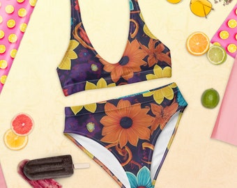 Recycelter Bikini mit hoher Taille – Blumenmuster –