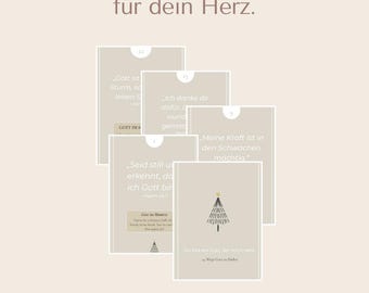 May include: An Advent calendar with cards featuring inspirational quotes and a Christmas tree illustration. The text reads "Ein Adventskalender für dein Herz" and "Finde Gott. Jeden Tag mehr."