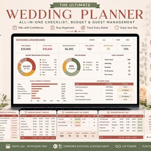 Peut inclure: Un modèle de planificateur de mariage numérique pour Excel et Google Sheets affiché sur un écran d'ordinateur portable. Le tableau de bord comprend un suivi budgétaire, des graphiques de progression des tâches, un résumé des invités et des tâches à venir. Des onglets pour les listes, le budget, les contacts et les plans de table sont présentés dans des tons terracotta et sauge.