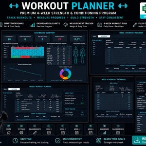 Peut inclure: Un tableur Excel de planification d'entraînement numérique avec une interface bleu foncé et des accents cyan. Il comprend des sections pour les plans d'entraînement quotidiens, les statistiques de progression hebdomadaires, les mesures corporelles et un programme.