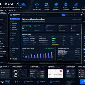 Peut inclure: Une interface de tableau de bord numérique pour le logiciel de gestion d'atelier automobile GarageMaster Pro, affichant un thème sombre avec des accents bleus, comprenant un écran principal avec des ordres de travail et des graphiques.