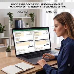 Peut inclure: Un écran d'ordinateur affichant deux modèles de devis Excel personnalisables pour auto-entrepreneurs et PME, intitulés avec TVA et sans TVA. Les modèles présentent des champs pour les informations d'entreprise, les descriptions et les totaux.